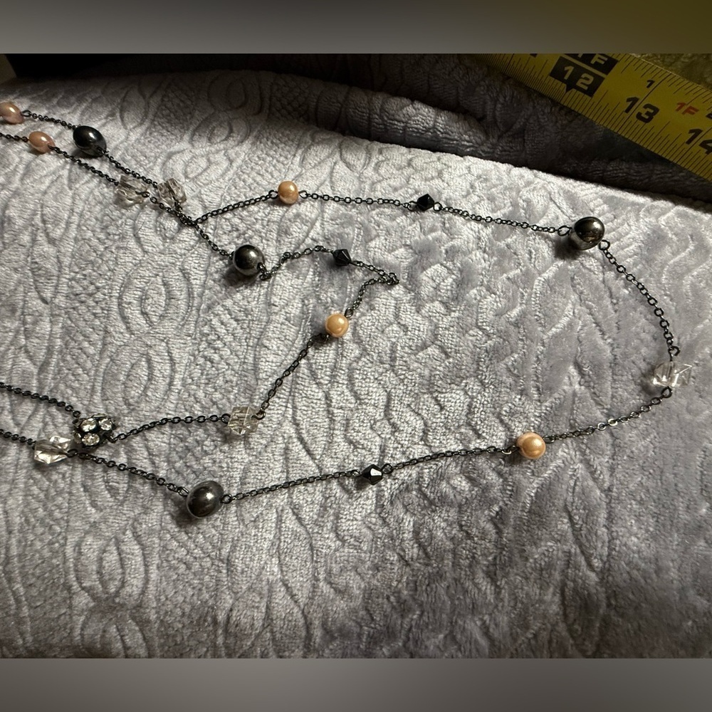 Beaded long necklace - black, rhinestone, tan/yellow - Picture 4 of 5